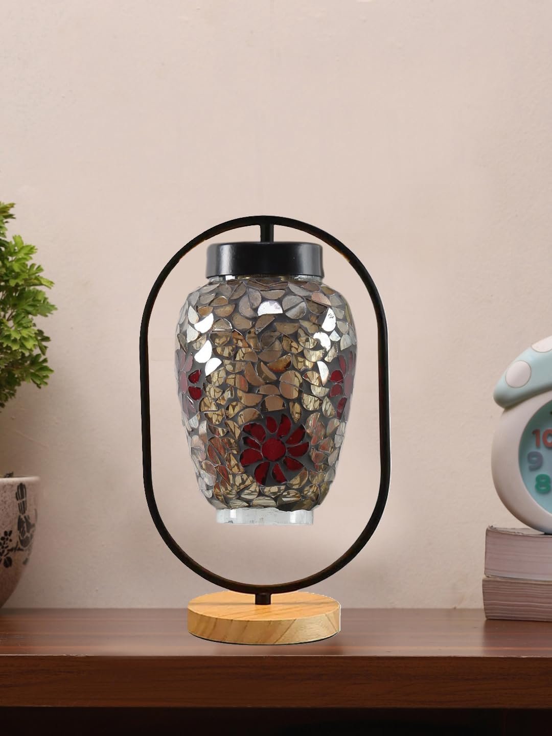 Multicolor Glass Wooden & Iron Table Lamp -17 Inch Height -R