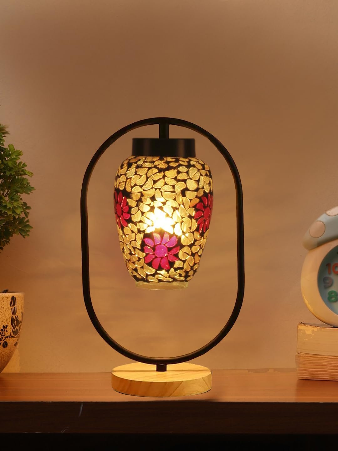 Multicolor Glass Wooden & Iron Table Lamp -17 Inch Height -R