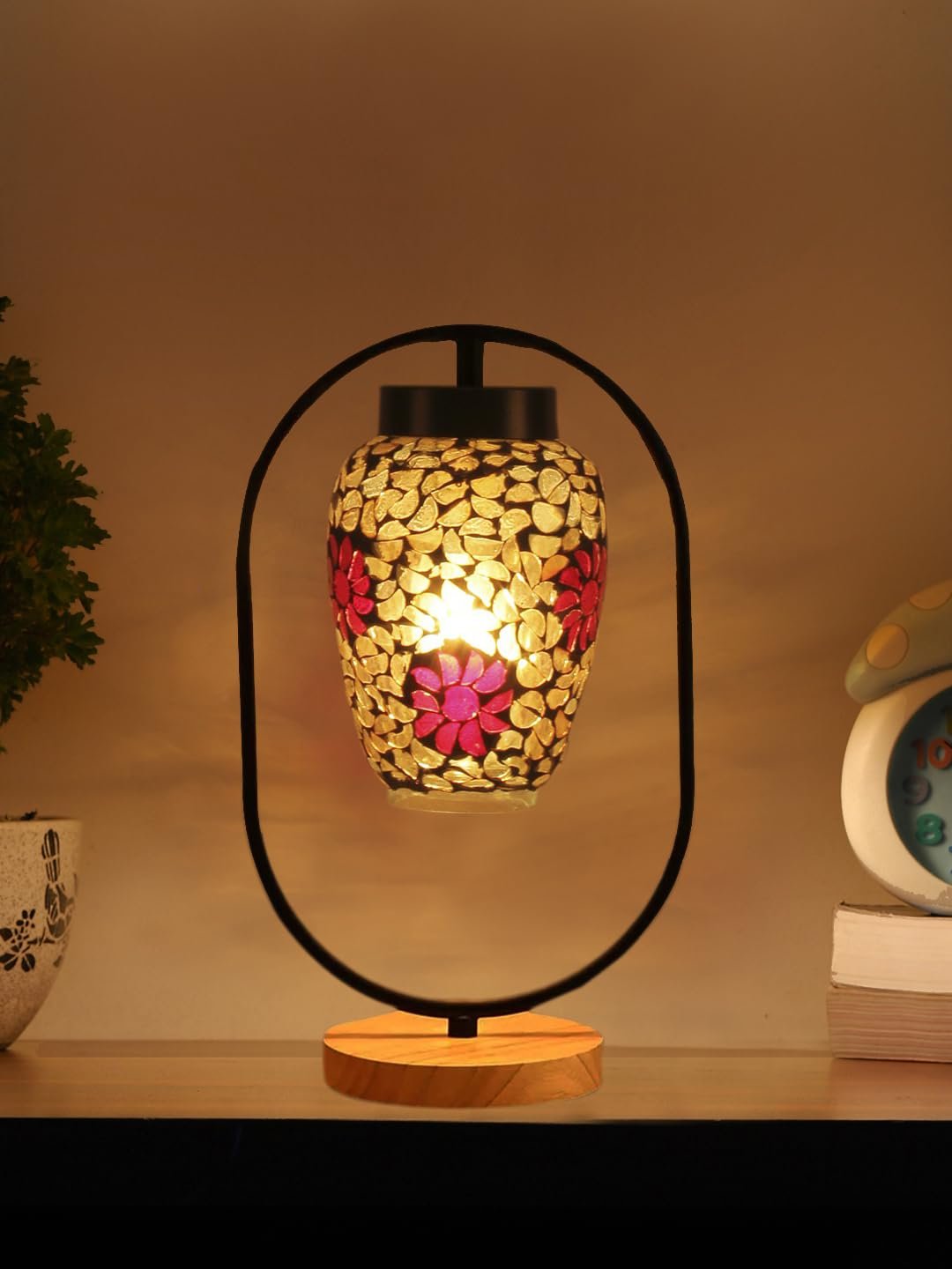 Multicolor Glass Wooden & Iron Table Lamp -17 Inch Height -R