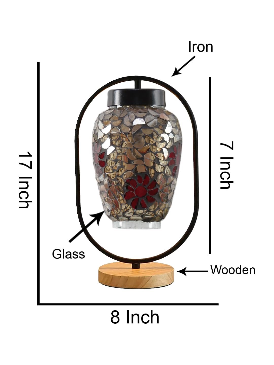 Multicolor Glass Wooden & Iron Table Lamp -17 Inch Height -R