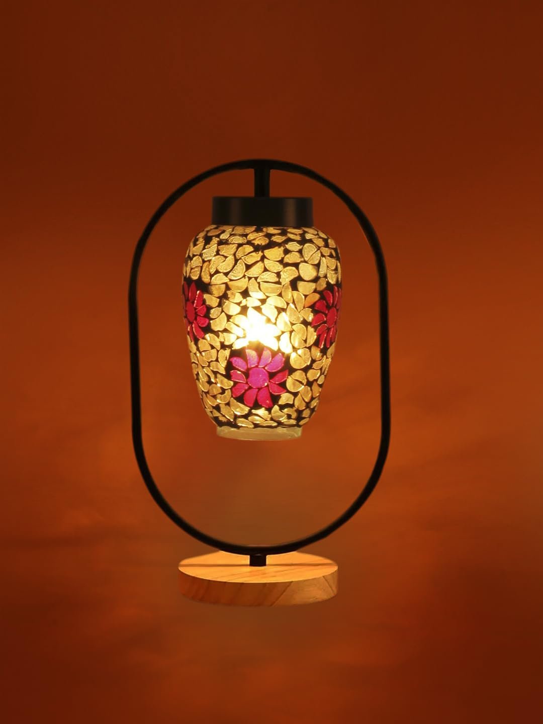 Multicolor Glass Wooden & Iron Table Lamp -17 Inch Height -R