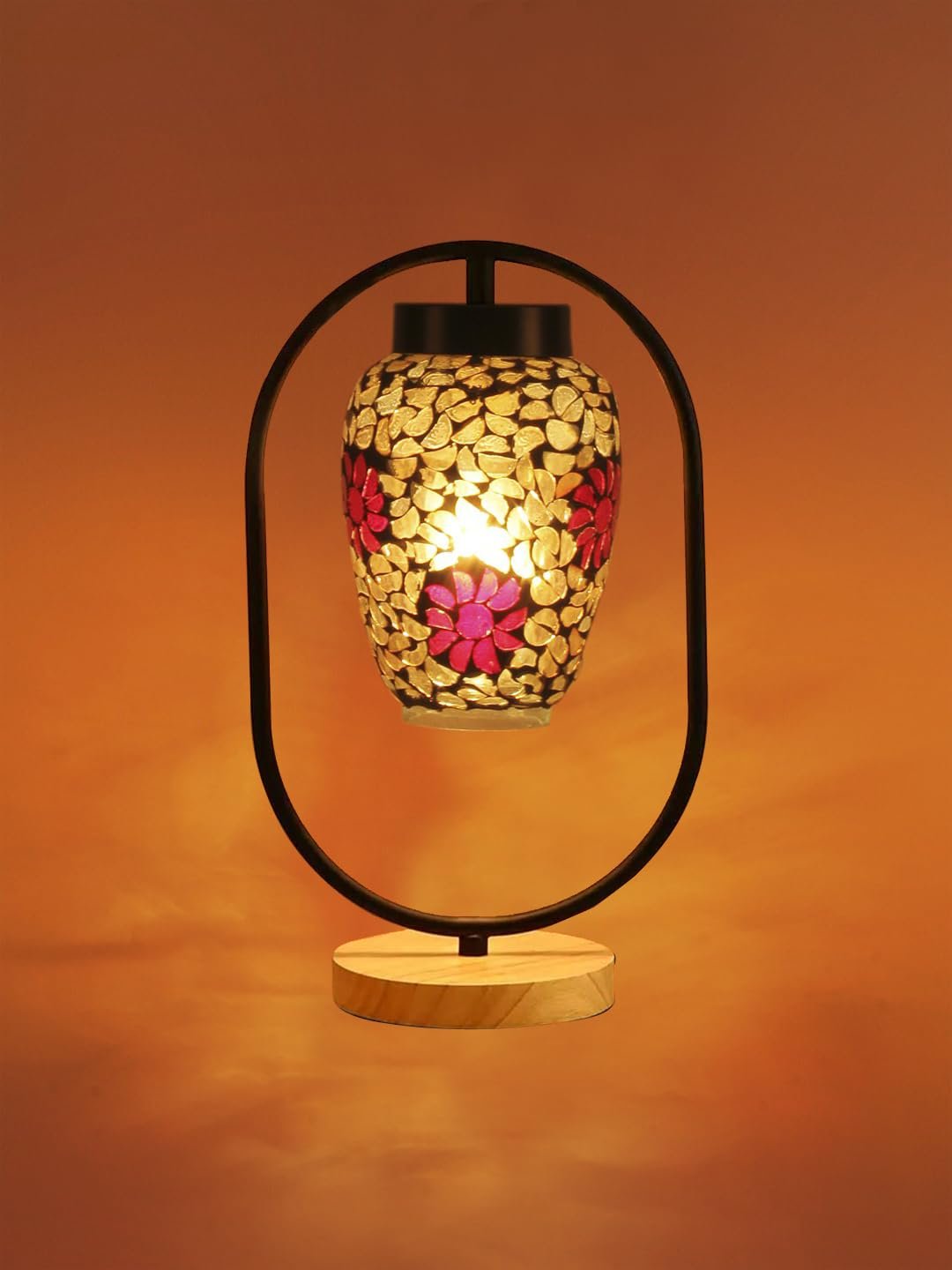Multicolor Glass Wooden & Iron Table Lamp -17 Inch Height -R