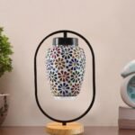 Multicolor Glass Wooden & Iron Table Lamp -17 Inch Height -S