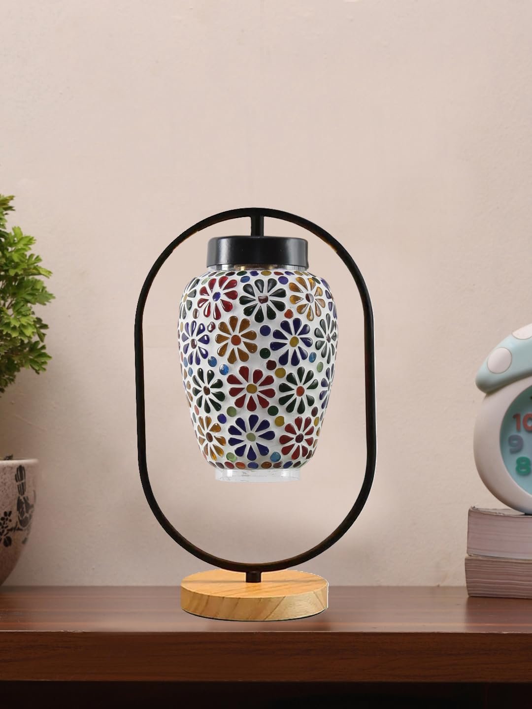 Multicolor Glass Wooden & Iron Table Lamp -17 Inch Height -S