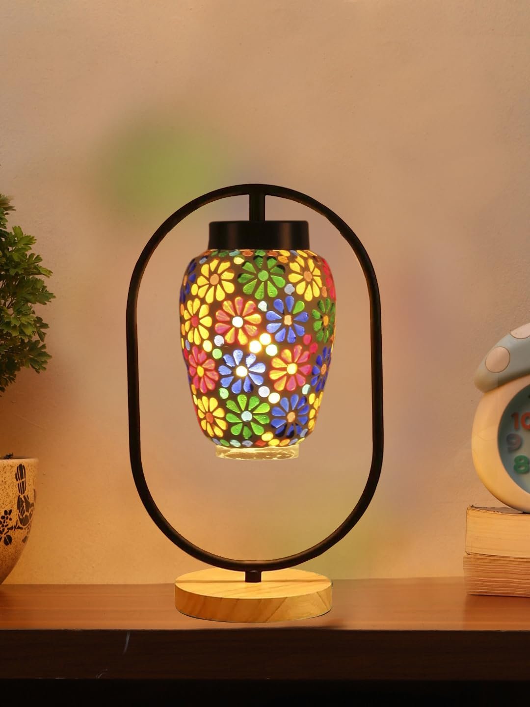 Multicolor Glass Wooden & Iron Table Lamp -17 Inch Height -S