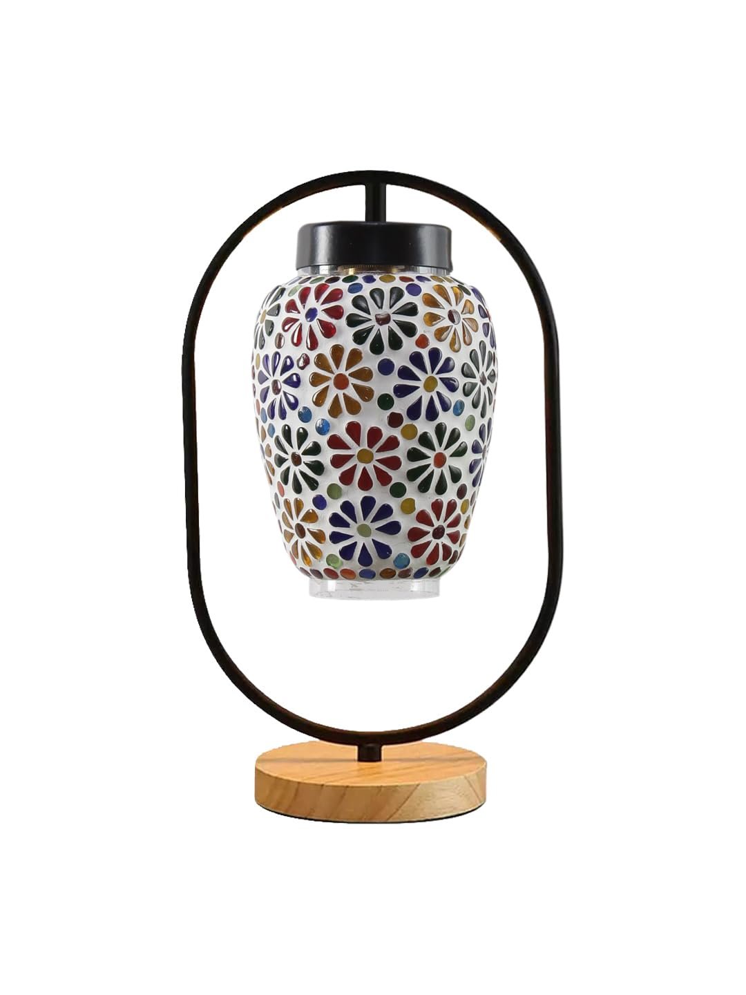 Multicolor Glass Wooden & Iron Table Lamp -17 Inch Height -S