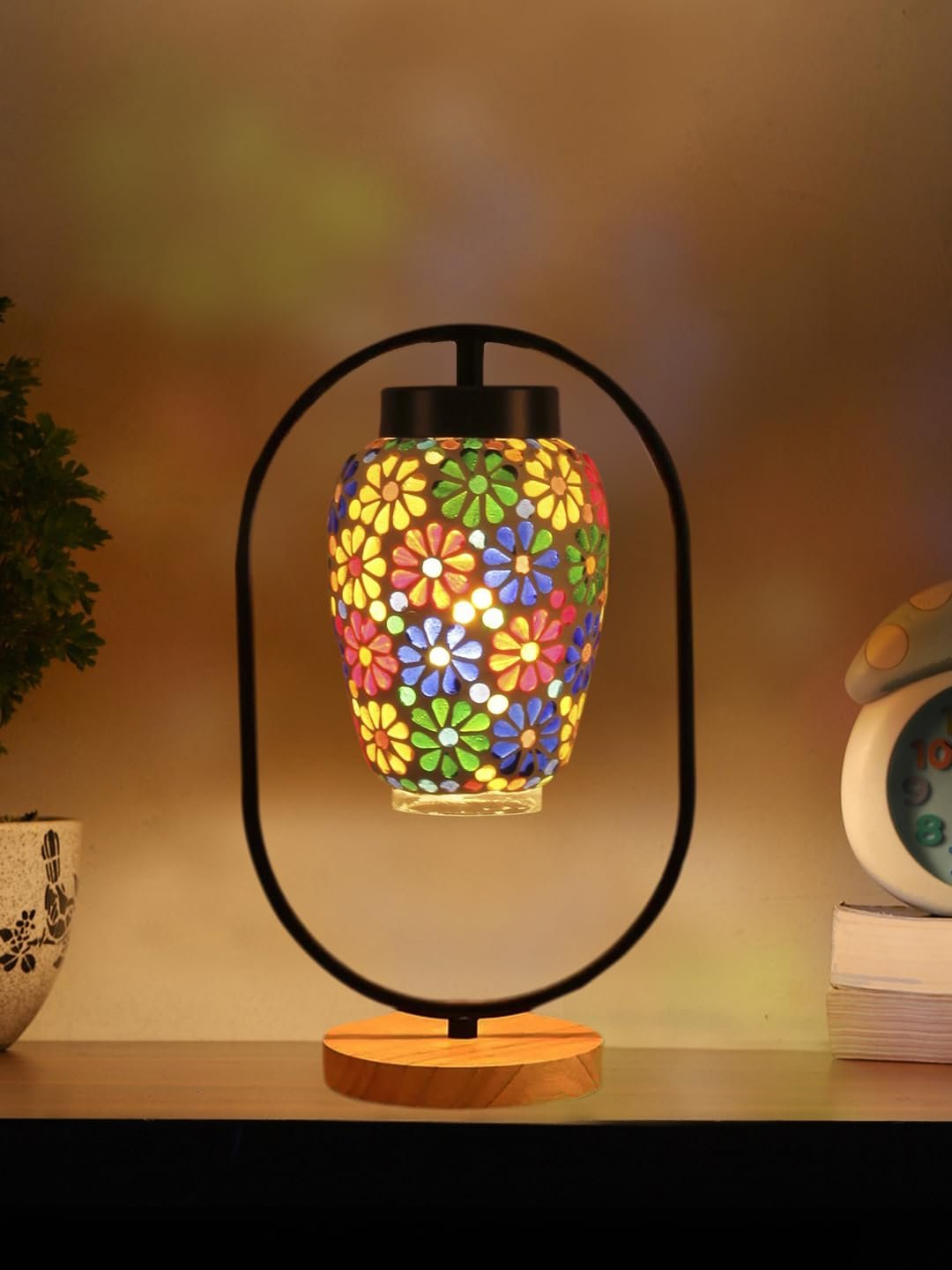 Multicolor Glass Wooden & Iron Table Lamp -17 Inch Height -S