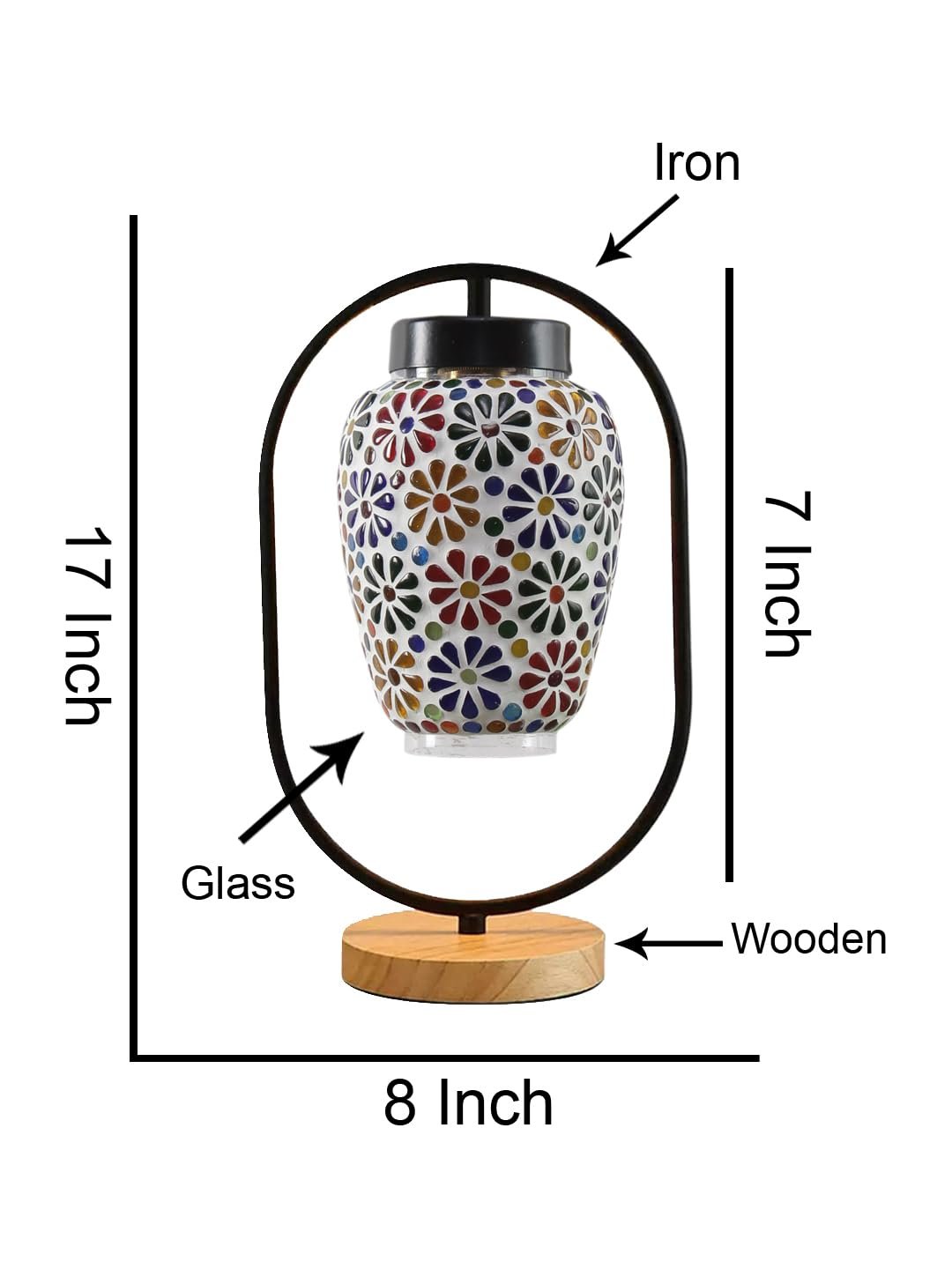 Multicolor Glass Wooden & Iron Table Lamp -17 Inch Height -S