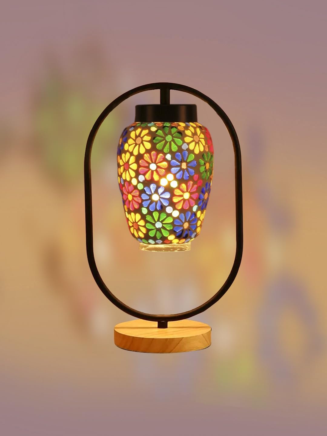 Multicolor Glass Wooden & Iron Table Lamp -17 Inch Height -S
