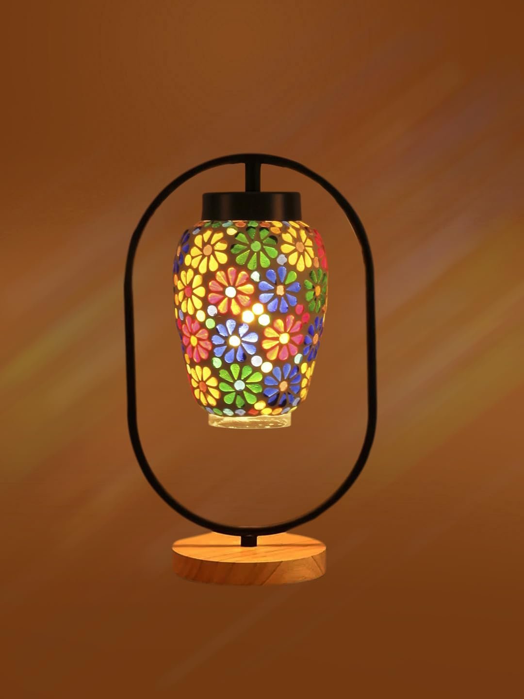 Multicolor Glass Wooden & Iron Table Lamp -17 Inch Height -S