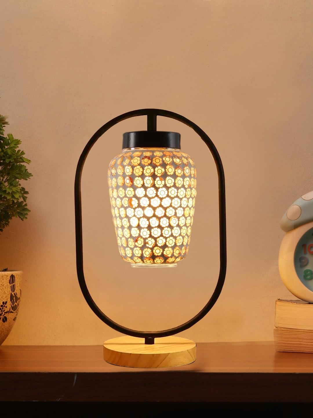 Multicolor Glass Wooden & Iron Table Lamp -17 Inch Height -U