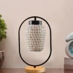 Multicolor Glass Wooden & Iron Table Lamp -17 Inch Height -U