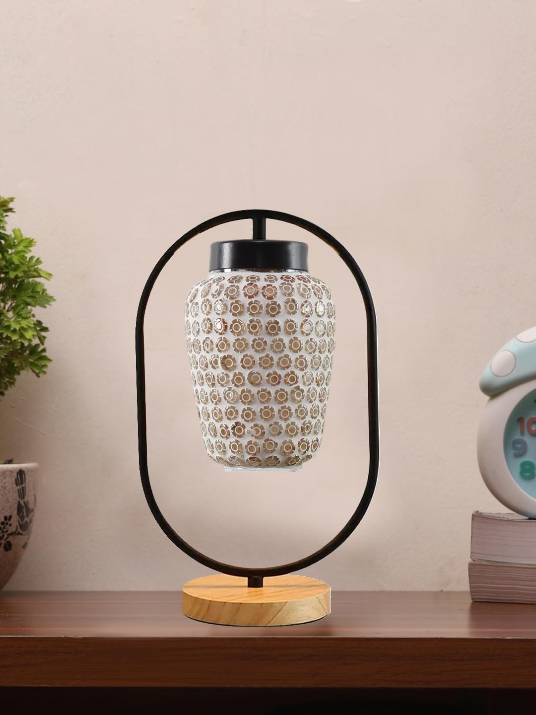 Multicolor Glass Wooden & Iron Table Lamp -17 Inch Height -U