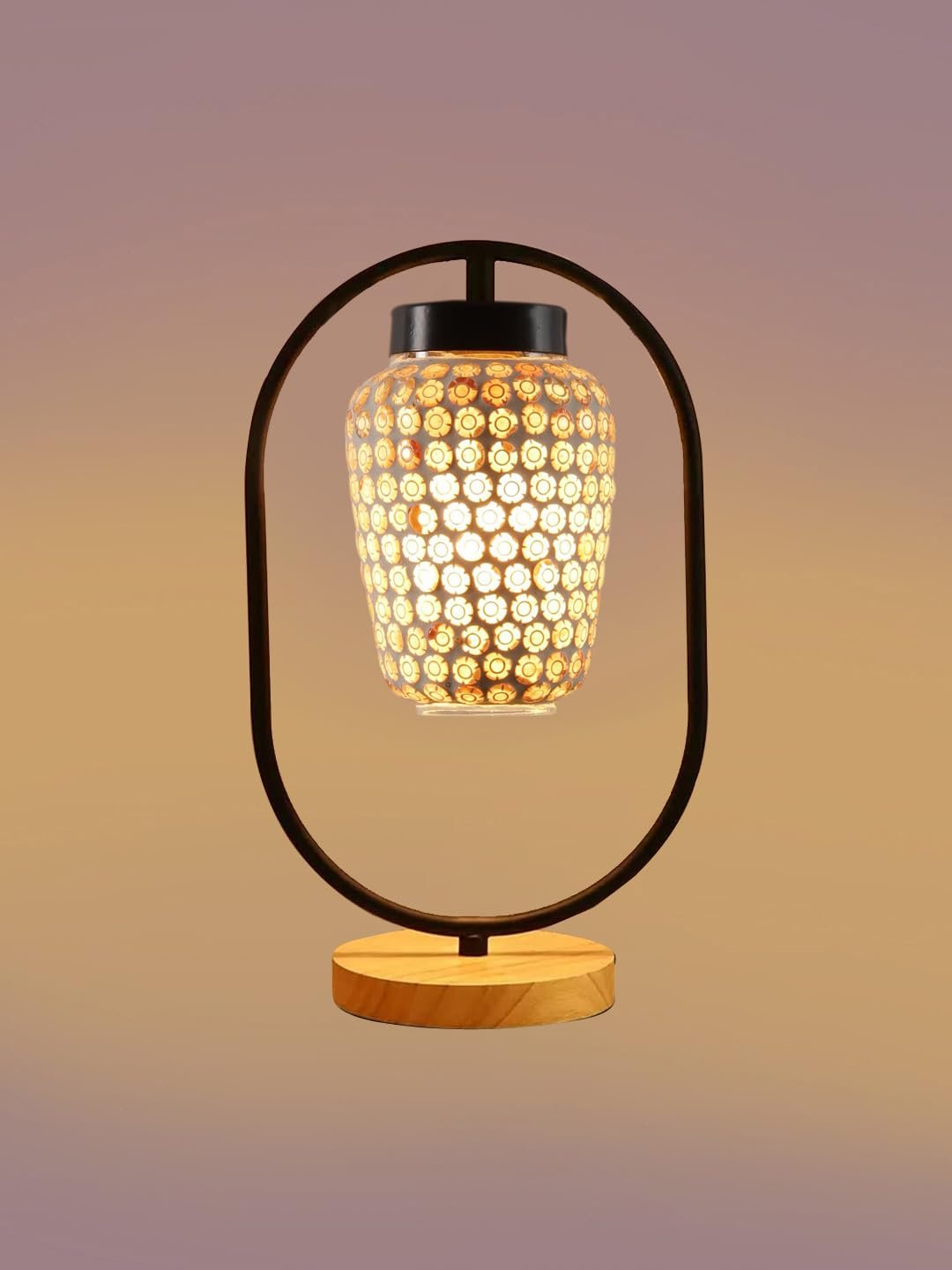 Multicolor Glass Wooden & Iron Table Lamp -17 Inch Height -U