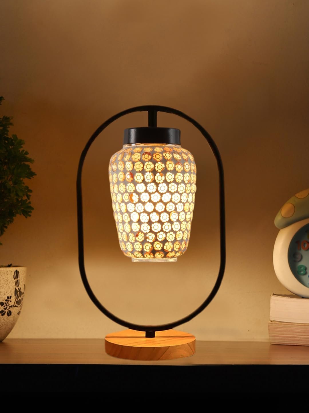 Multicolor Glass Wooden & Iron Table Lamp -17 Inch Height -U