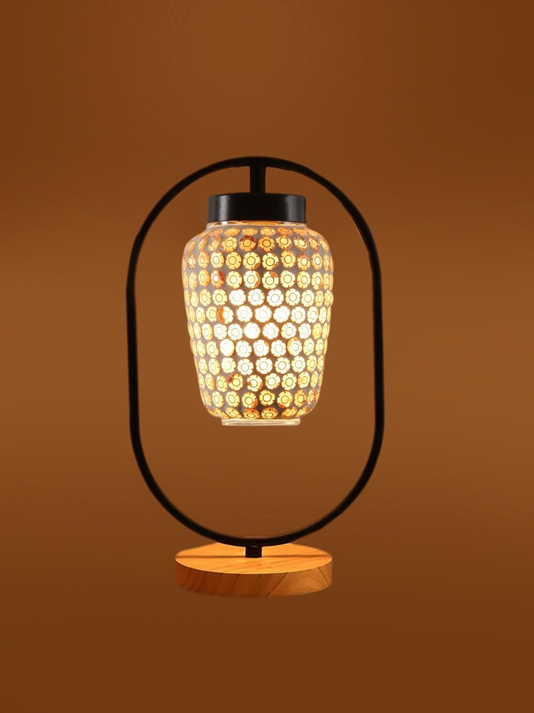 Multicolor Glass Wooden & Iron Table Lamp -17 Inch Height -U