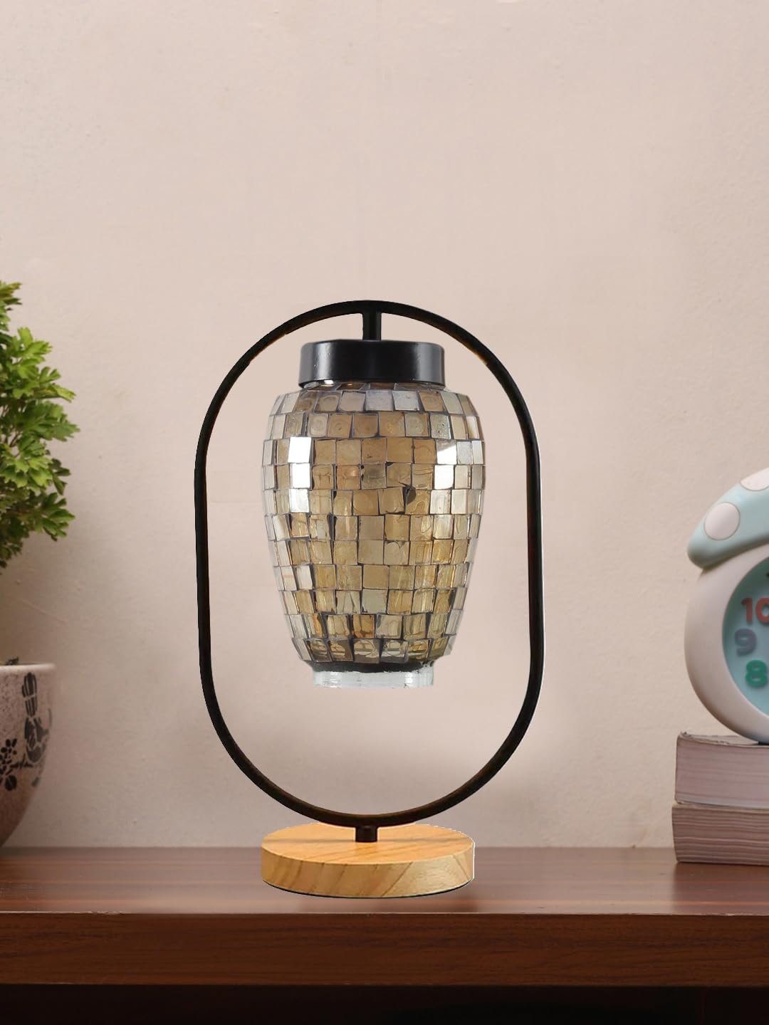 Multicolor Glass Wooden & Iron Table Lamp -17 Inch Height -V