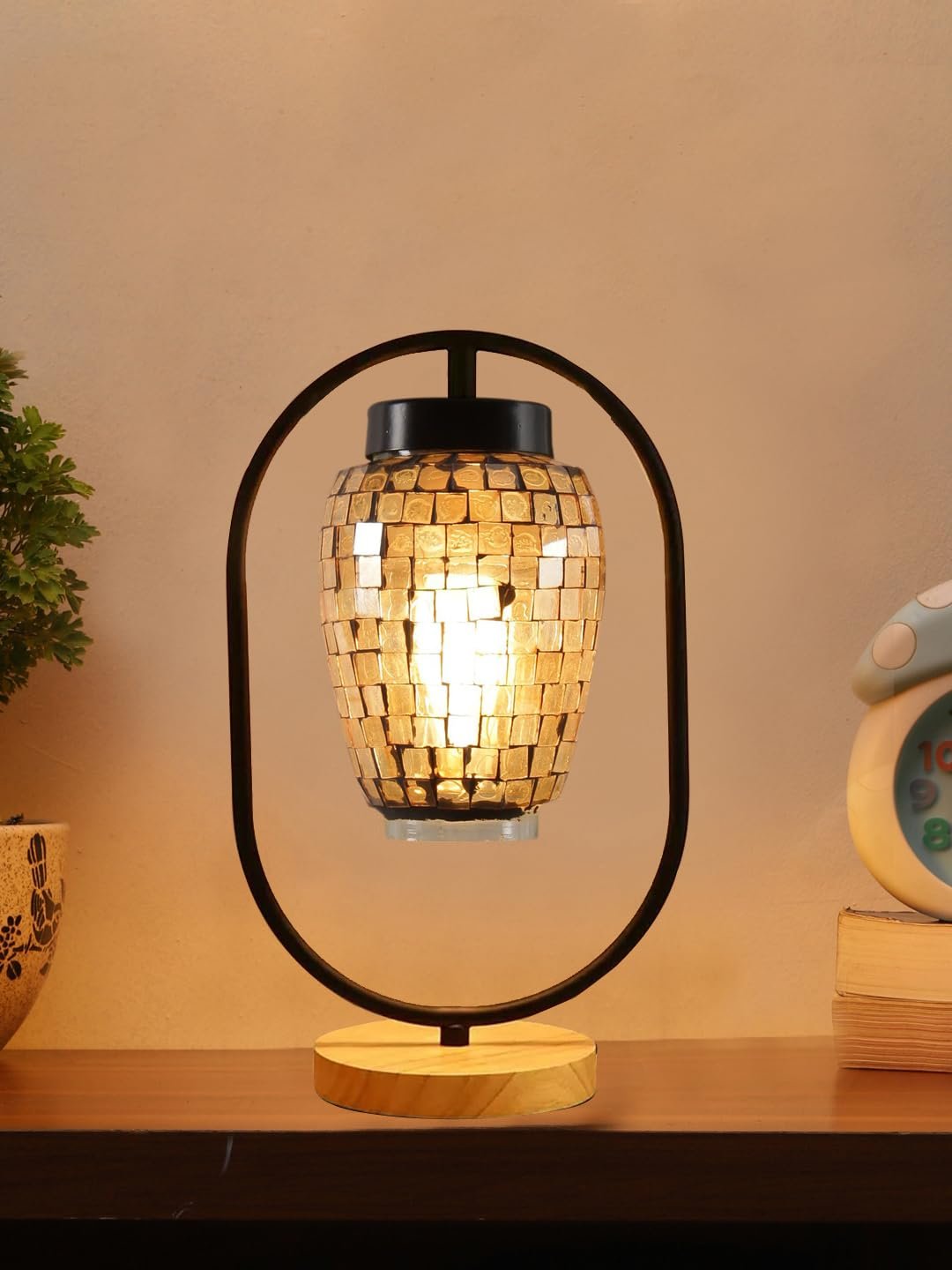 Multicolor Glass Wooden & Iron Table Lamp -17 Inch Height -V