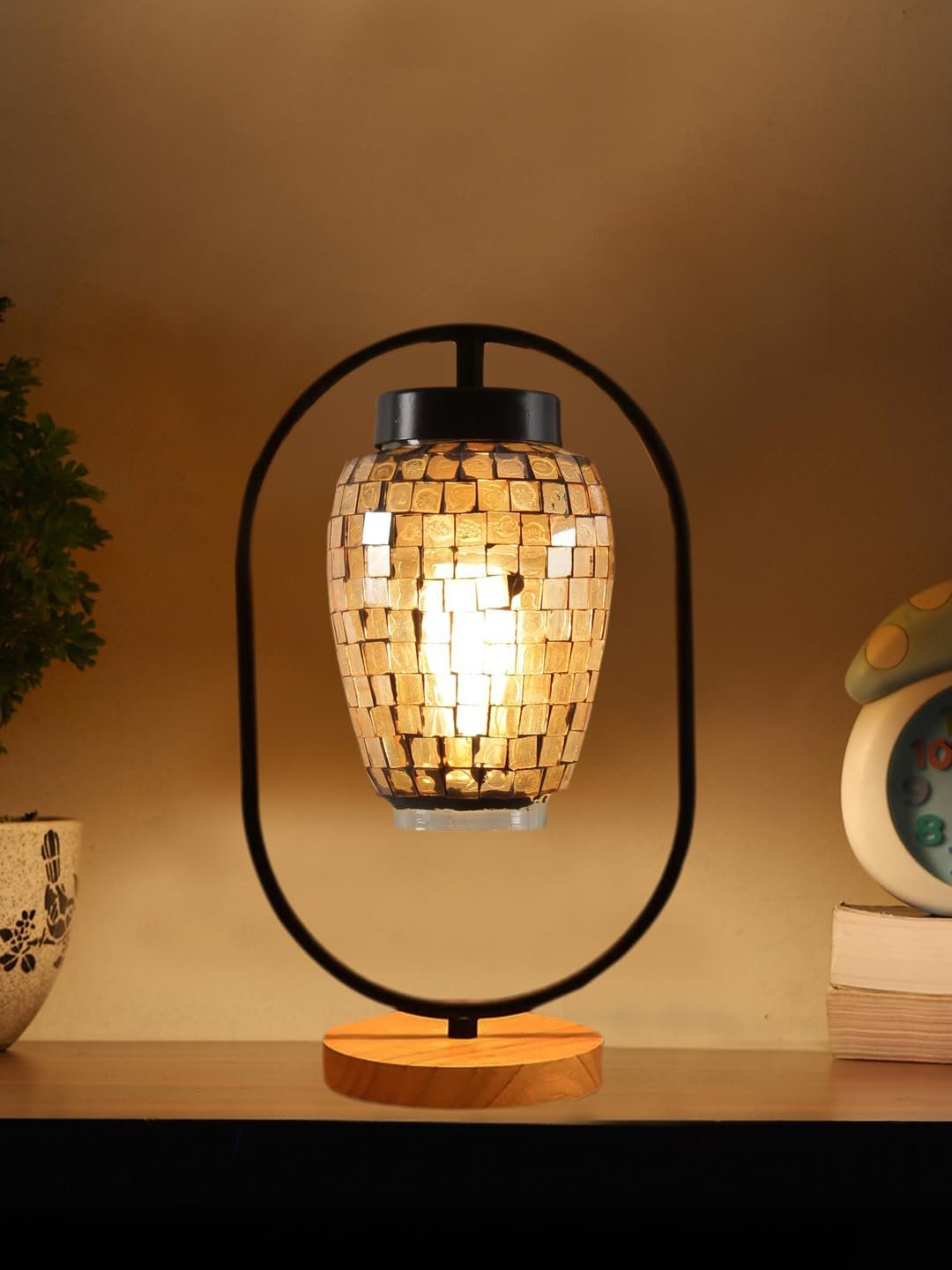 Multicolor Glass Wooden & Iron Table Lamp -17 Inch Height -V