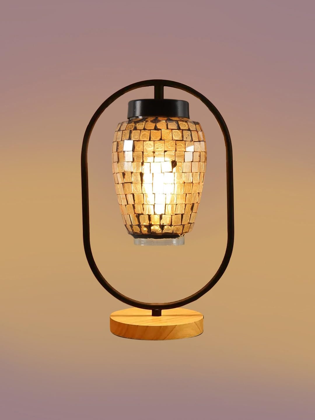 Multicolor Glass Wooden & Iron Table Lamp -17 Inch Height -V