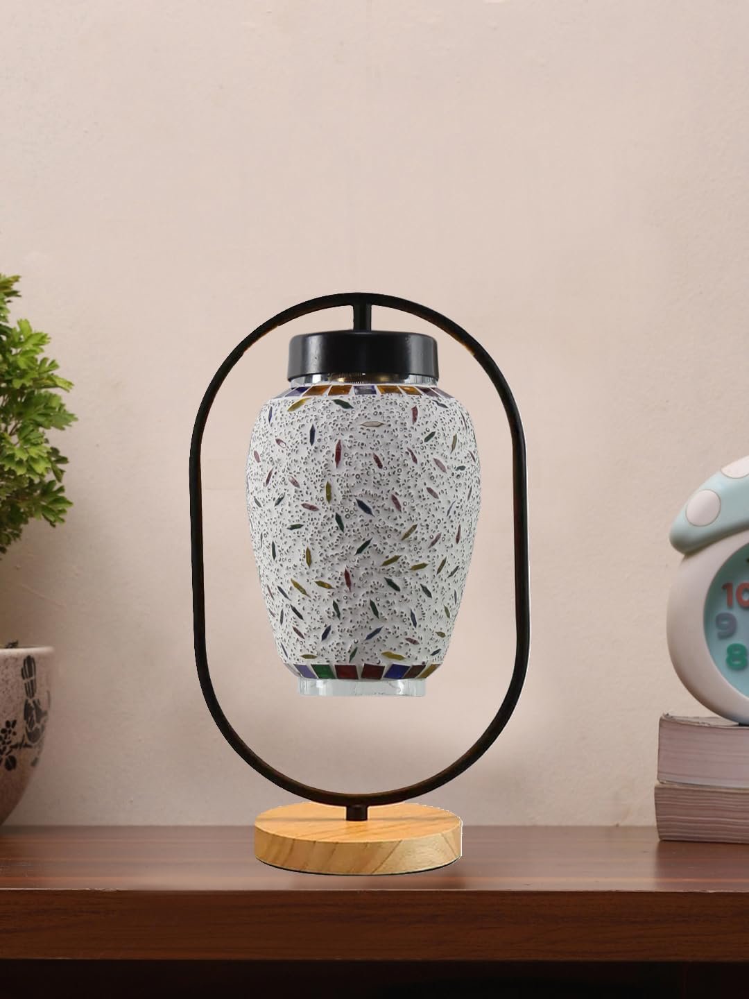 Multicolor Glass Wooden & Iron Table Lamp -17 Inch Height -X