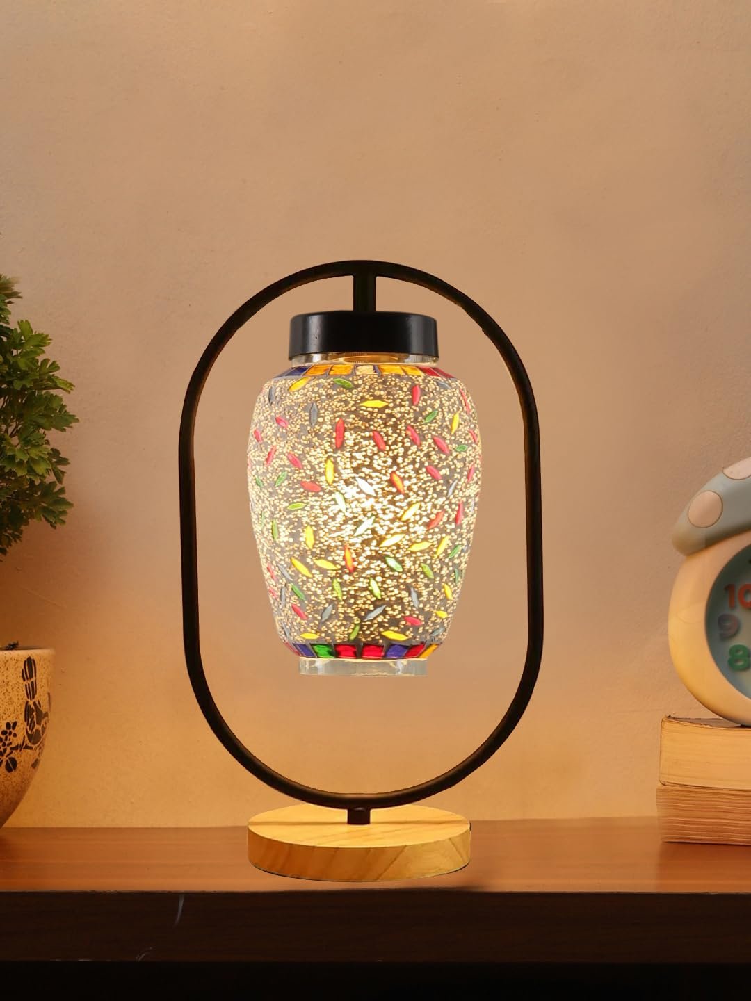 Multicolor Glass Wooden & Iron Table Lamp -17 Inch Height -X