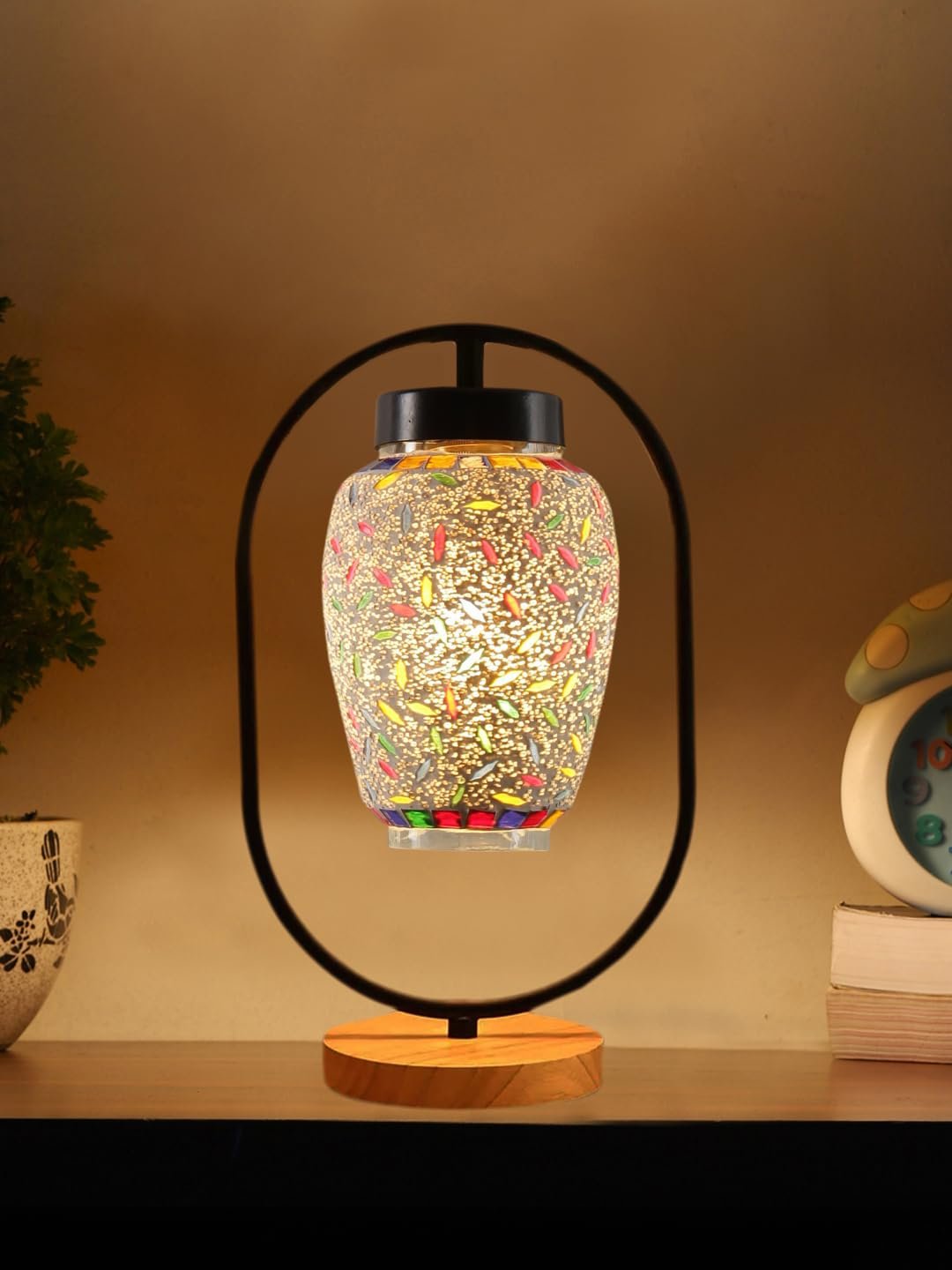 Multicolor Glass Wooden & Iron Table Lamp -17 Inch Height -X