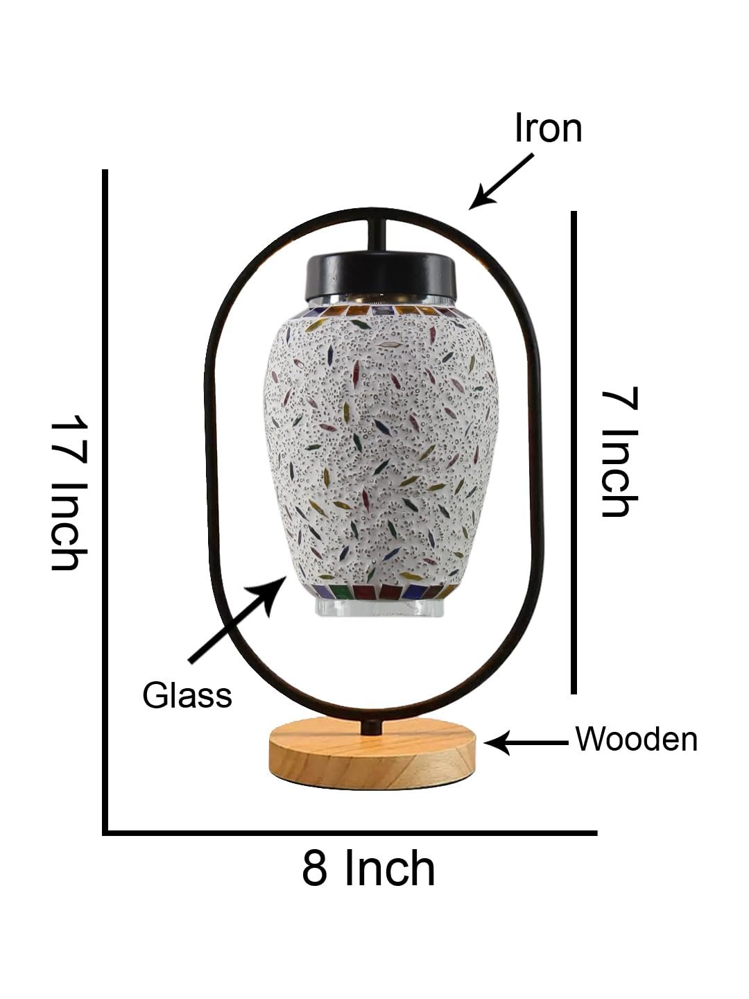 Multicolor Glass Wooden & Iron Table Lamp -17 Inch Height -X