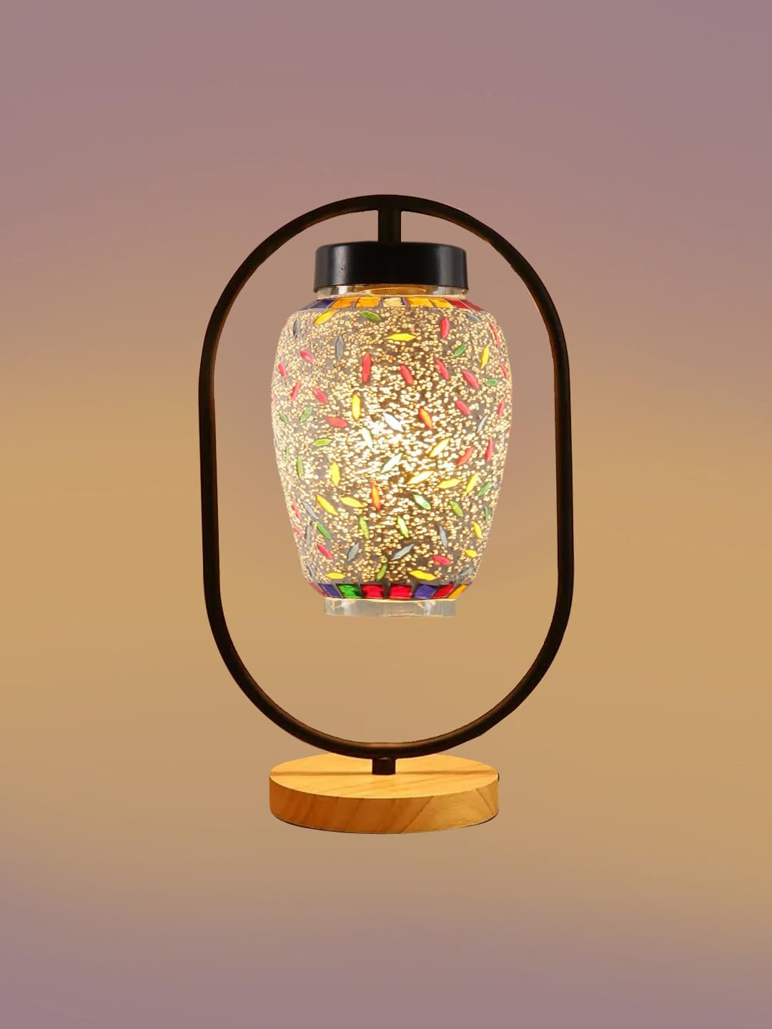 Multicolor Glass Wooden & Iron Table Lamp -17 Inch Height -X