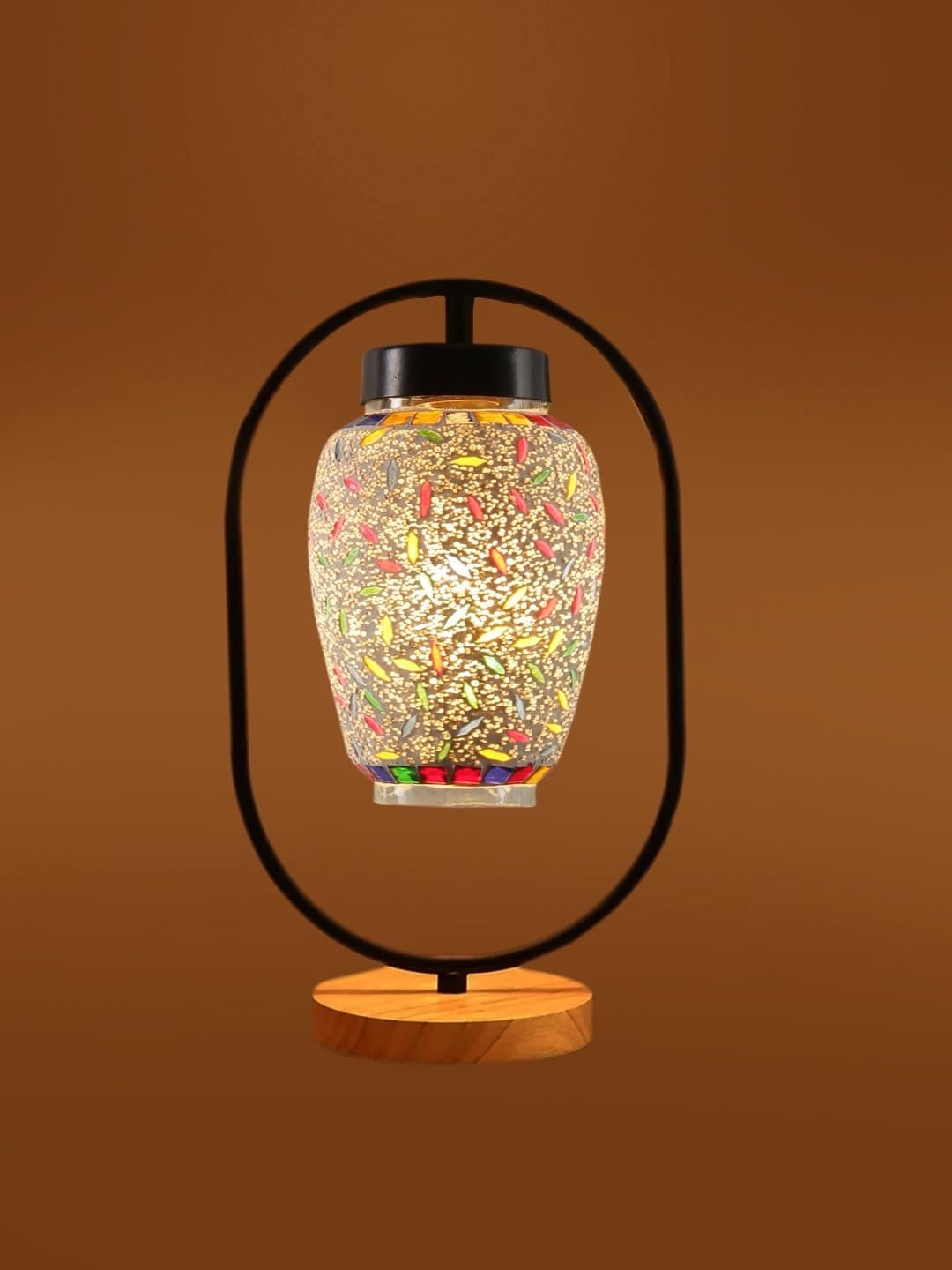 Multicolor Glass Wooden & Iron Table Lamp -17 Inch Height -X