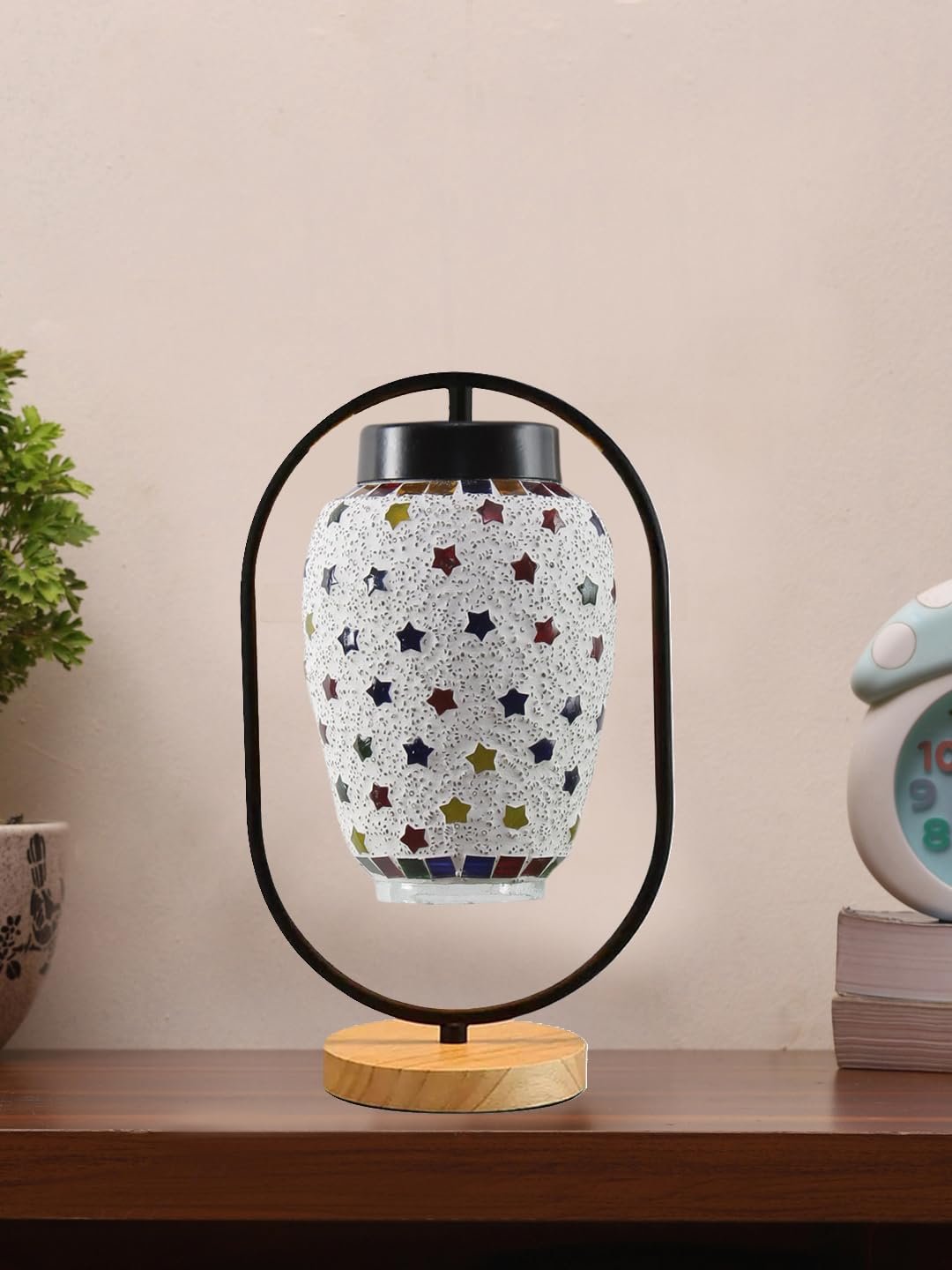 Multicolor Glass Wooden & Iron Table Lamp -17 Inch Height -Y