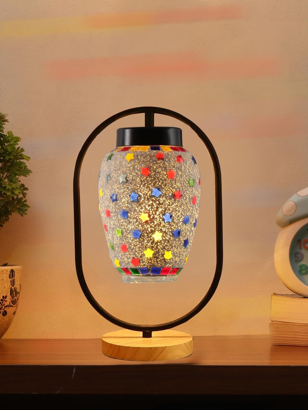 Multicolor Glass Wooden & Iron Table Lamp -17 Inch Height -Y