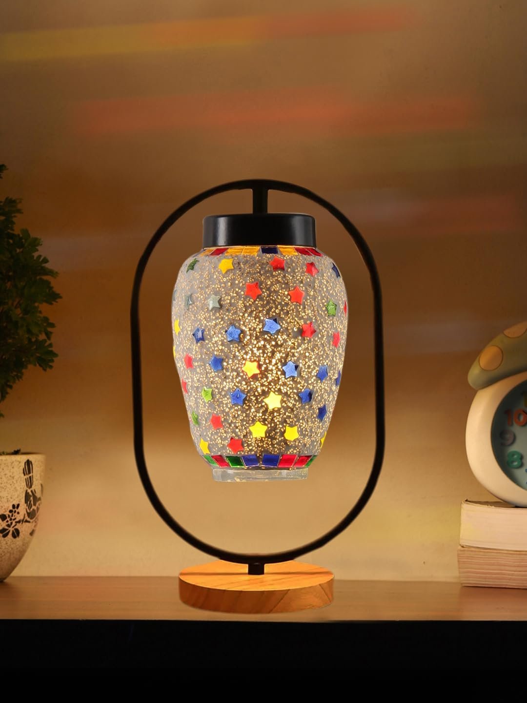 Multicolor Glass Wooden & Iron Table Lamp -17 Inch Height -Y