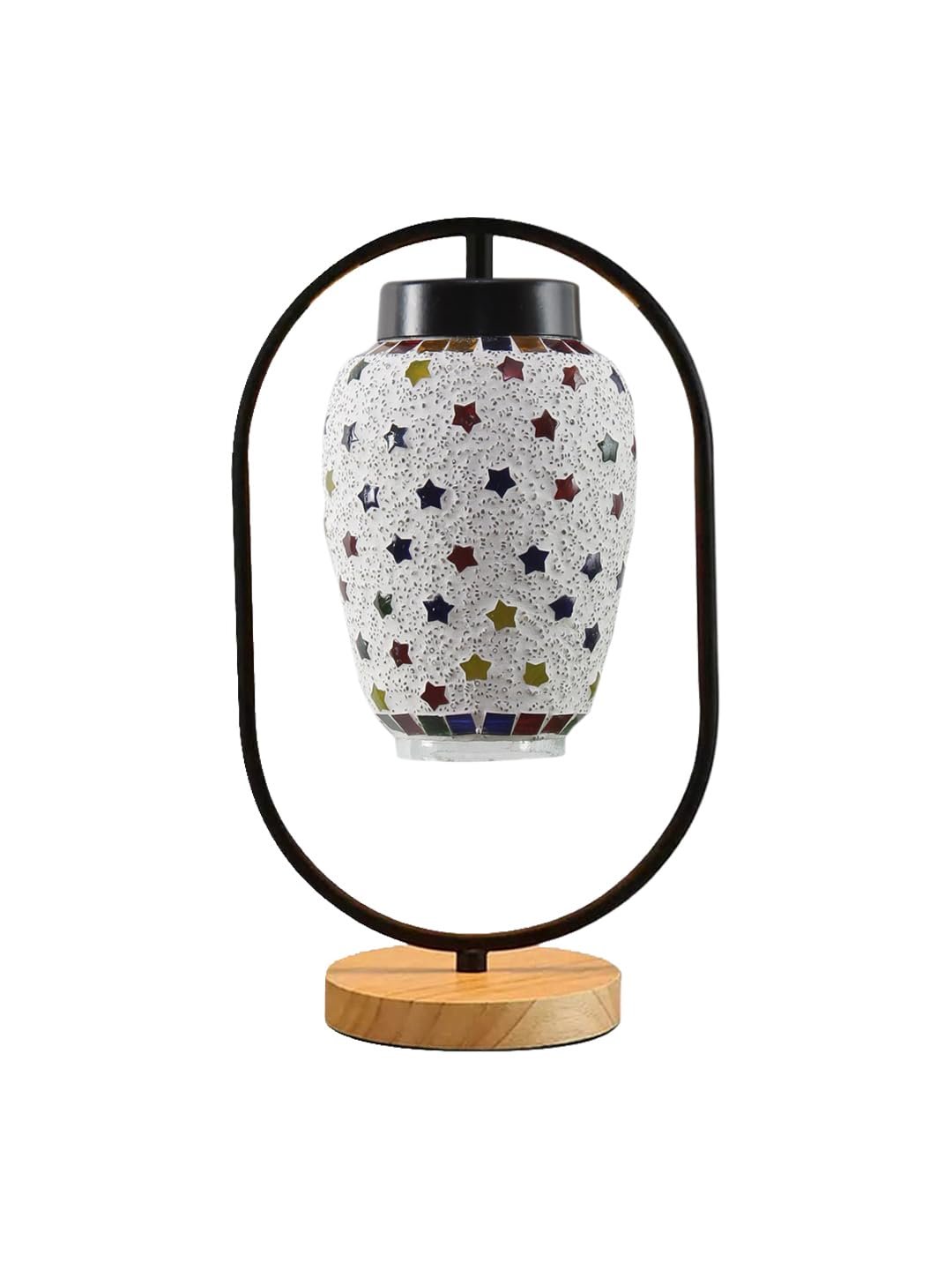Multicolor Glass Wooden & Iron Table Lamp -17 Inch Height -Y