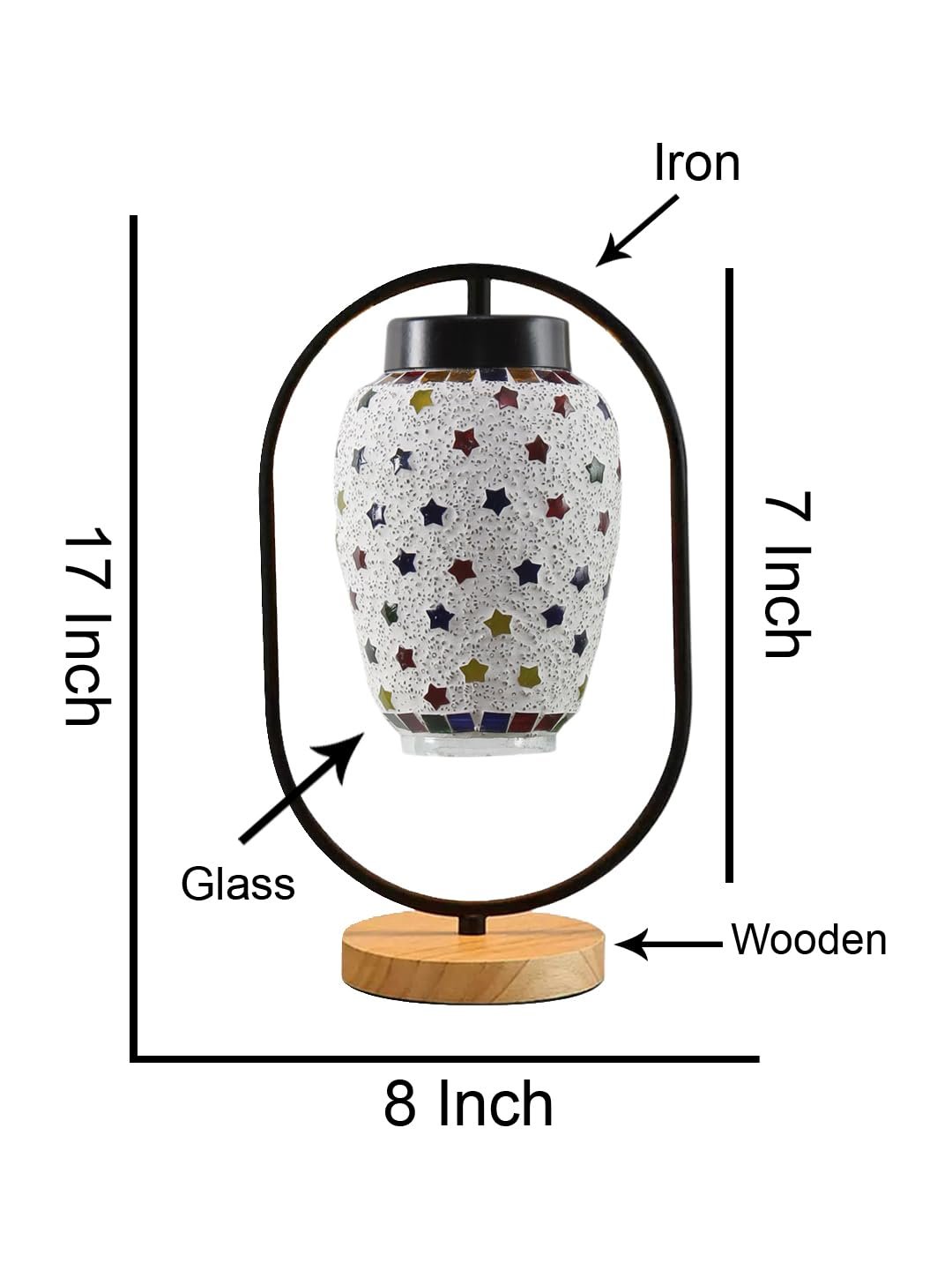 Multicolor Glass Wooden & Iron Table Lamp -17 Inch Height -Y