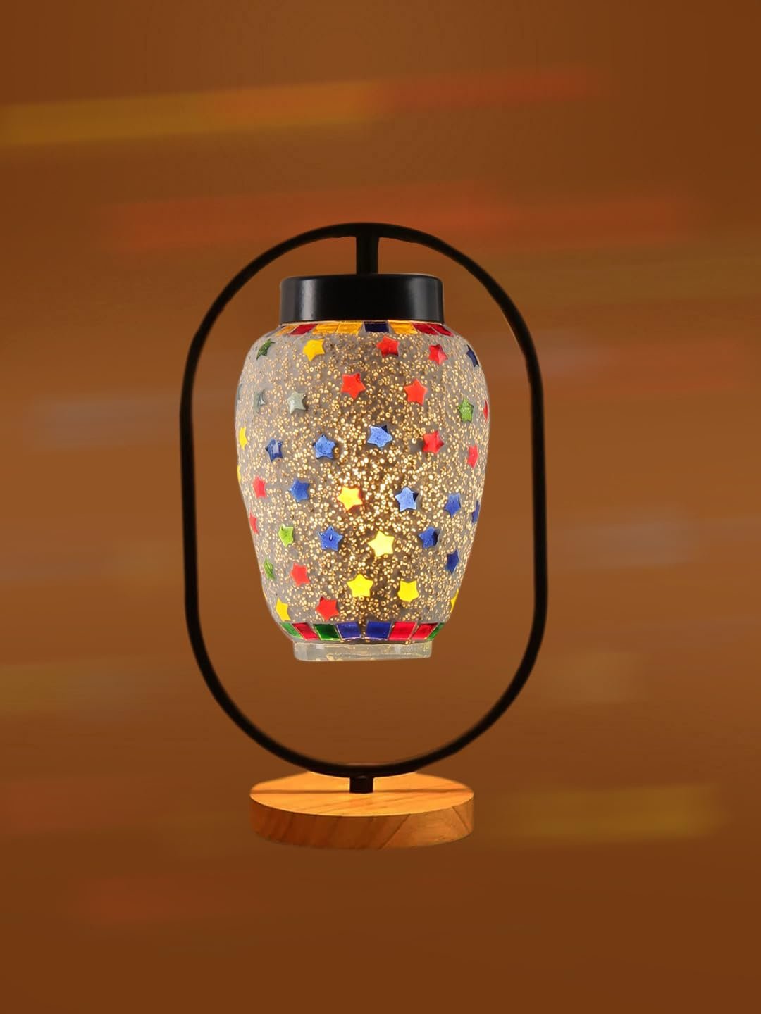 Multicolor Glass Wooden & Iron Table Lamp -17 Inch Height -Y