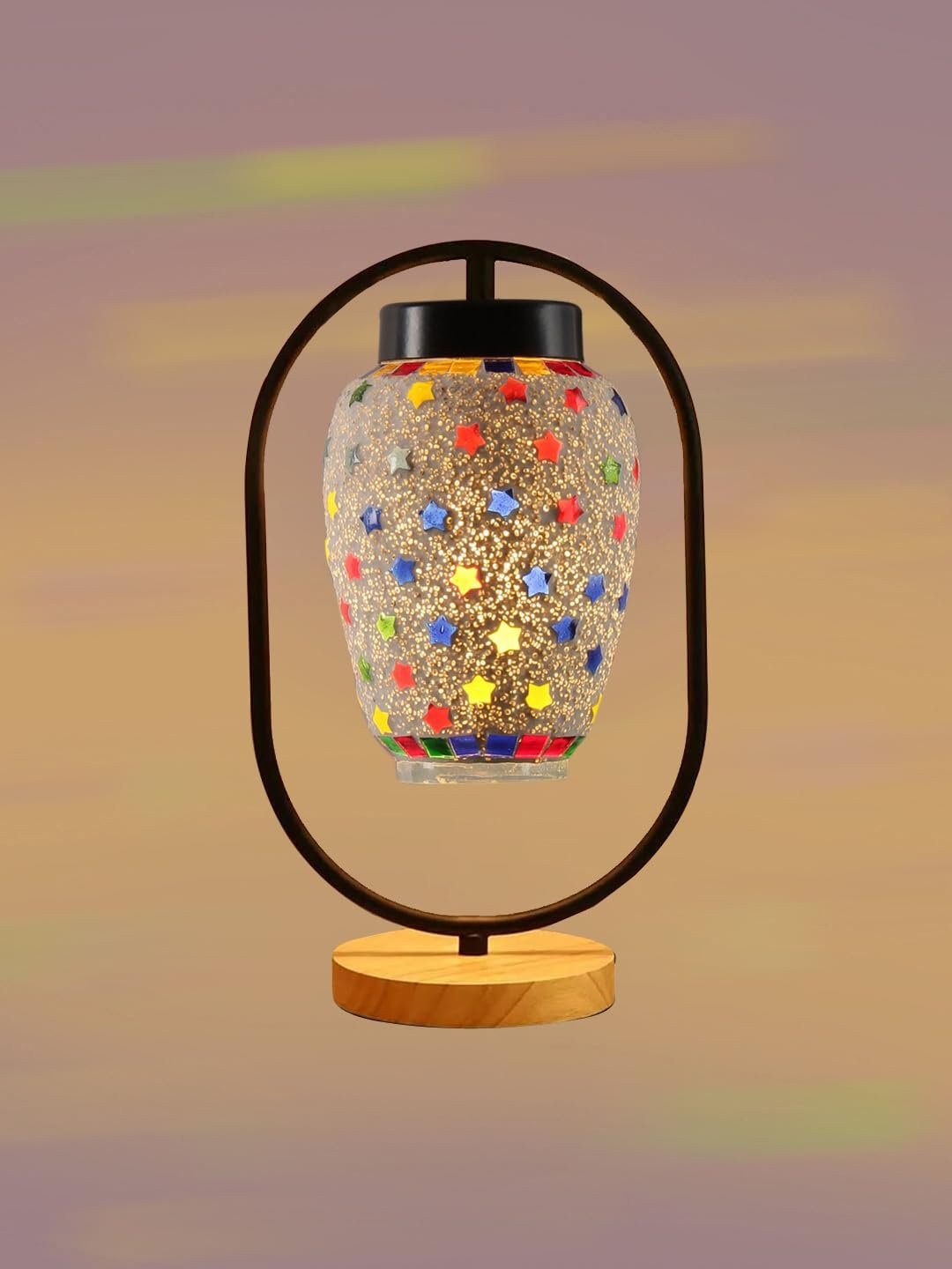 Multicolor Glass Wooden & Iron Table Lamp -17 Inch Height -Y