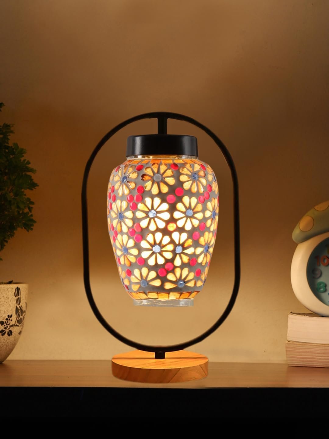 Multicolor Glass Wooden & Iron Table Lamp -17 Inch Height -Z