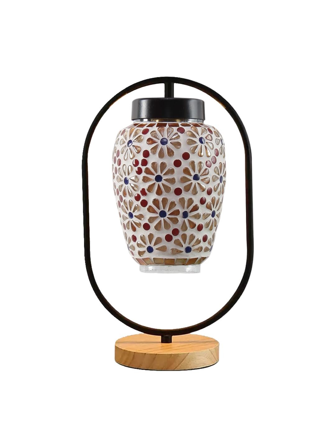 Multicolor Glass Wooden & Iron Table Lamp -17 Inch Height -Z