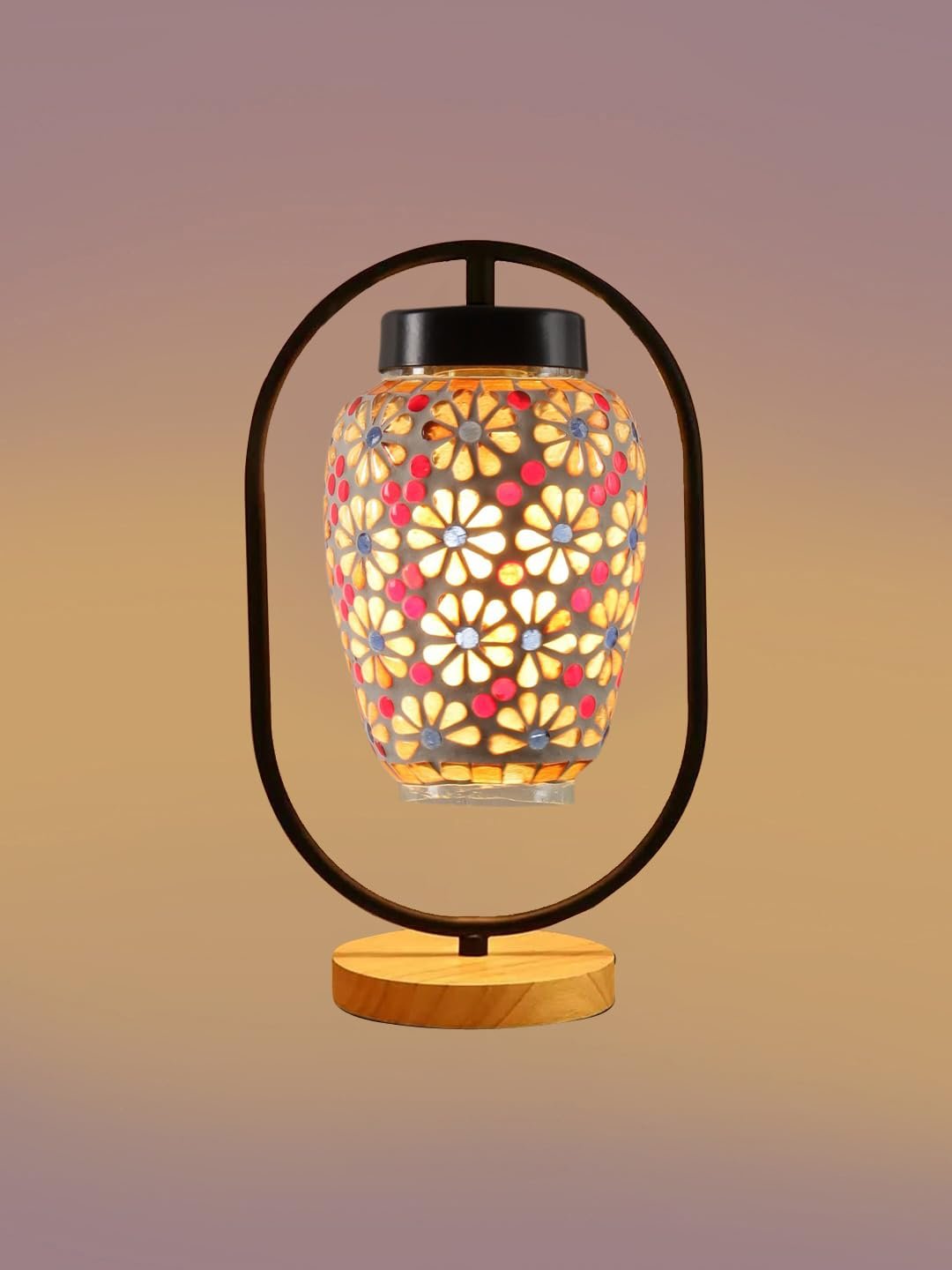 Multicolor Glass Wooden & Iron Table Lamp -17 Inch Height -Z