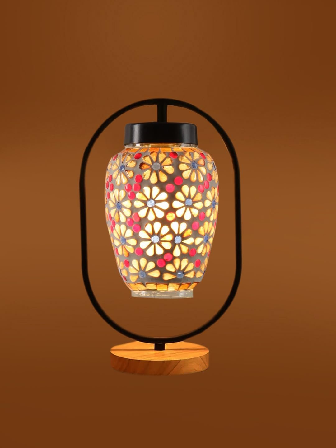 Multicolor Glass Wooden & Iron Table Lamp -17 Inch Height -Z