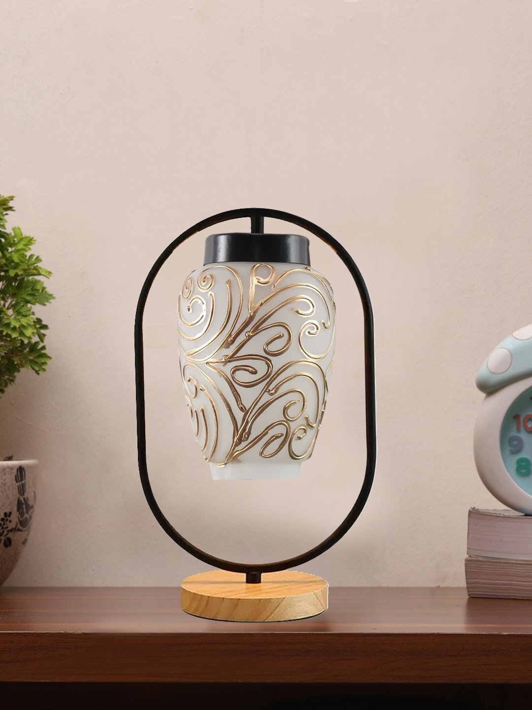 Multicolor Glass Wooden & Iron Table Lamp -17 Inch Height -AB
