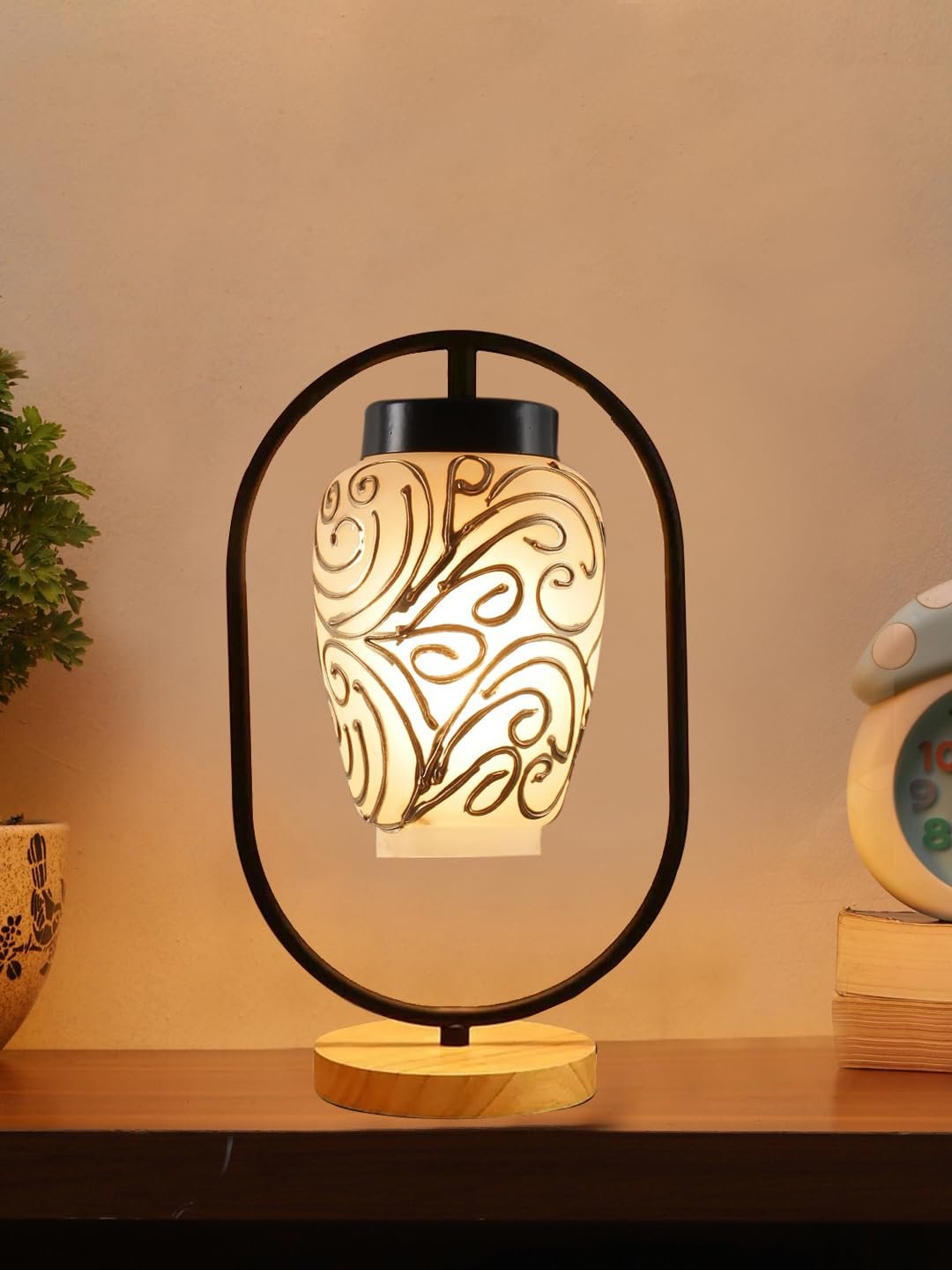 Multicolor Glass Wooden & Iron Table Lamp -17 Inch Height -AB