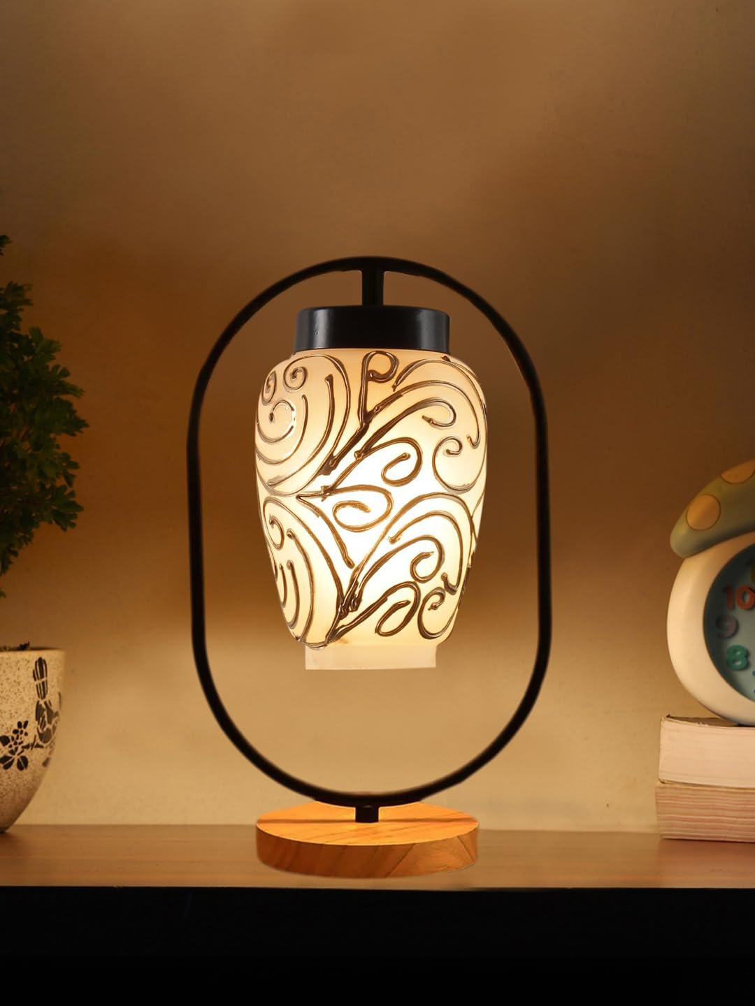 Multicolor Glass Wooden & Iron Table Lamp -17 Inch Height -AB