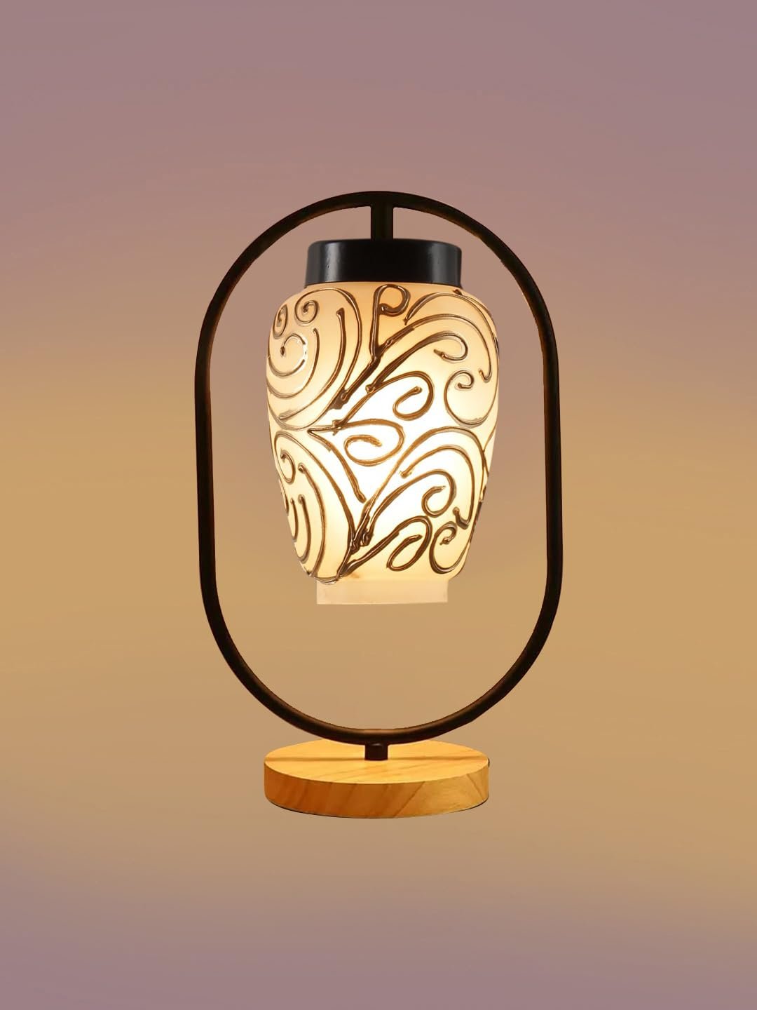 Multicolor Glass Wooden & Iron Table Lamp -17 Inch Height -AB