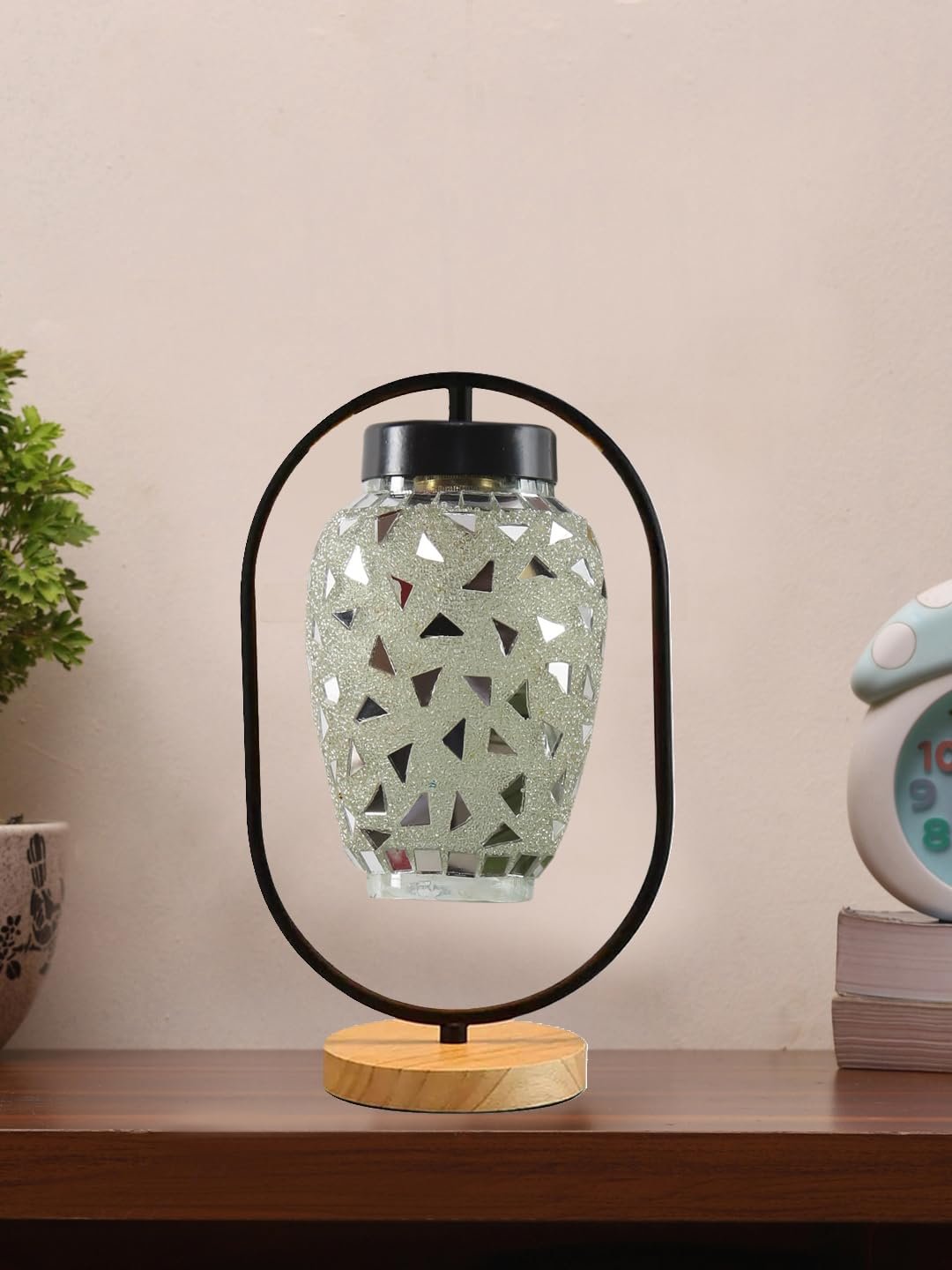 Multicolor Glass Wooden & Iron Table Lamp -17 Inch Height -AC