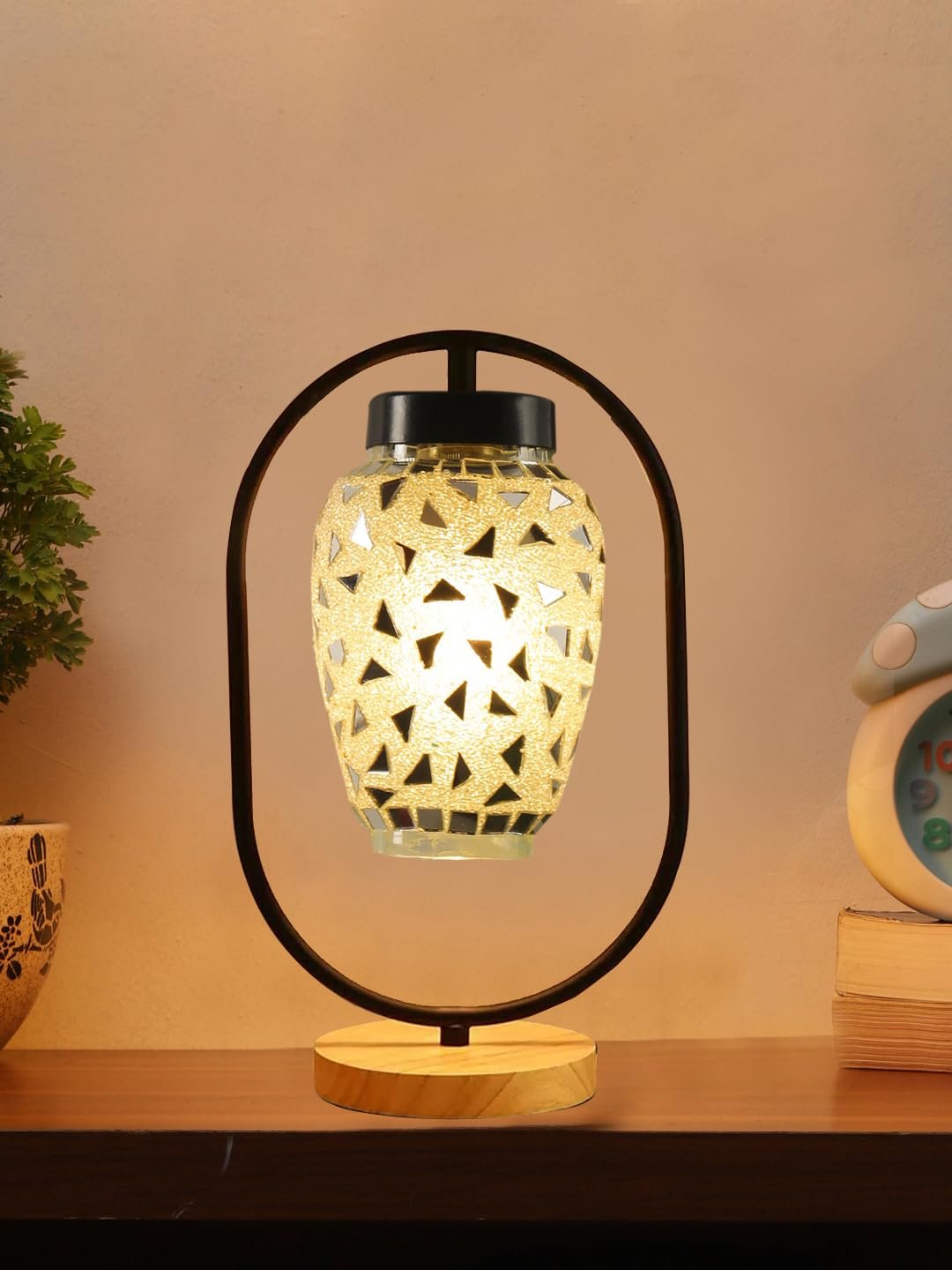 Multicolor Glass Wooden & Iron Table Lamp -17 Inch Height -AC