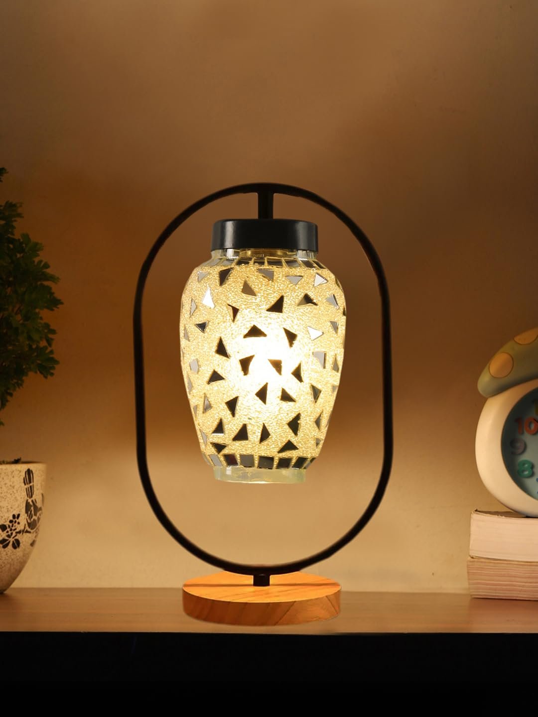 Multicolor Glass Wooden & Iron Table Lamp -17 Inch Height -AC