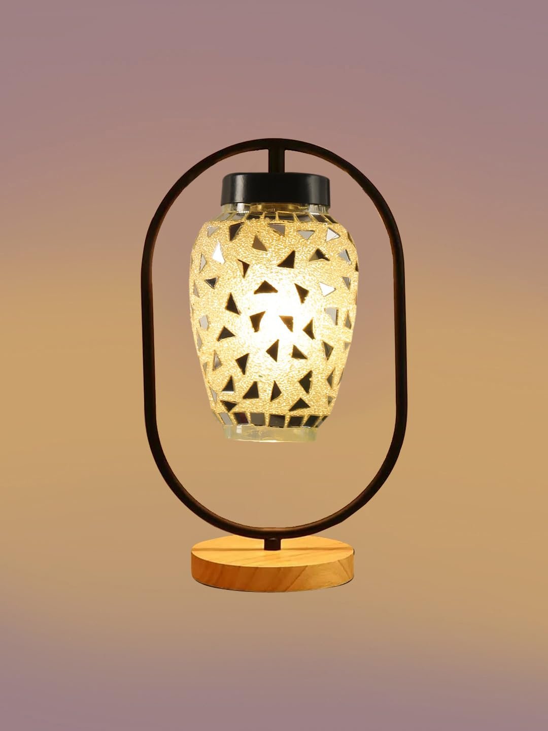 Multicolor Glass Wooden & Iron Table Lamp -17 Inch Height -AC