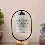 Multicolor Glass Wooden & Iron Table Lamp -17 Inch Height -AE